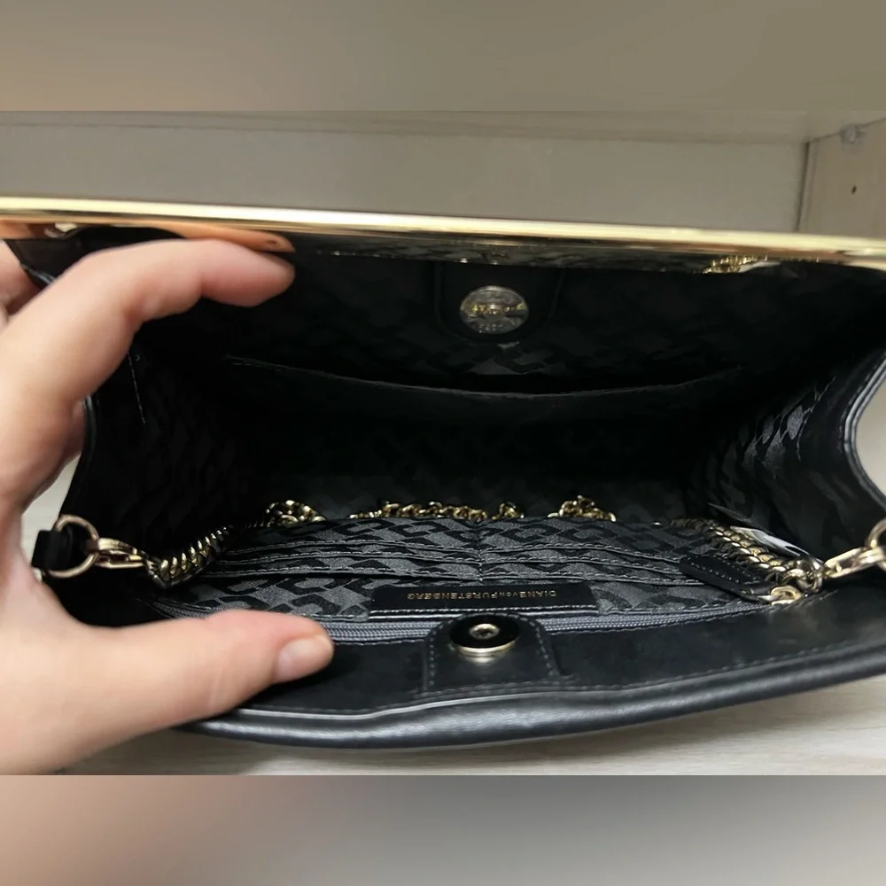 DVF Diane Von Furstenberg Black Suede Leather Gold Chain Handbag / Clutch